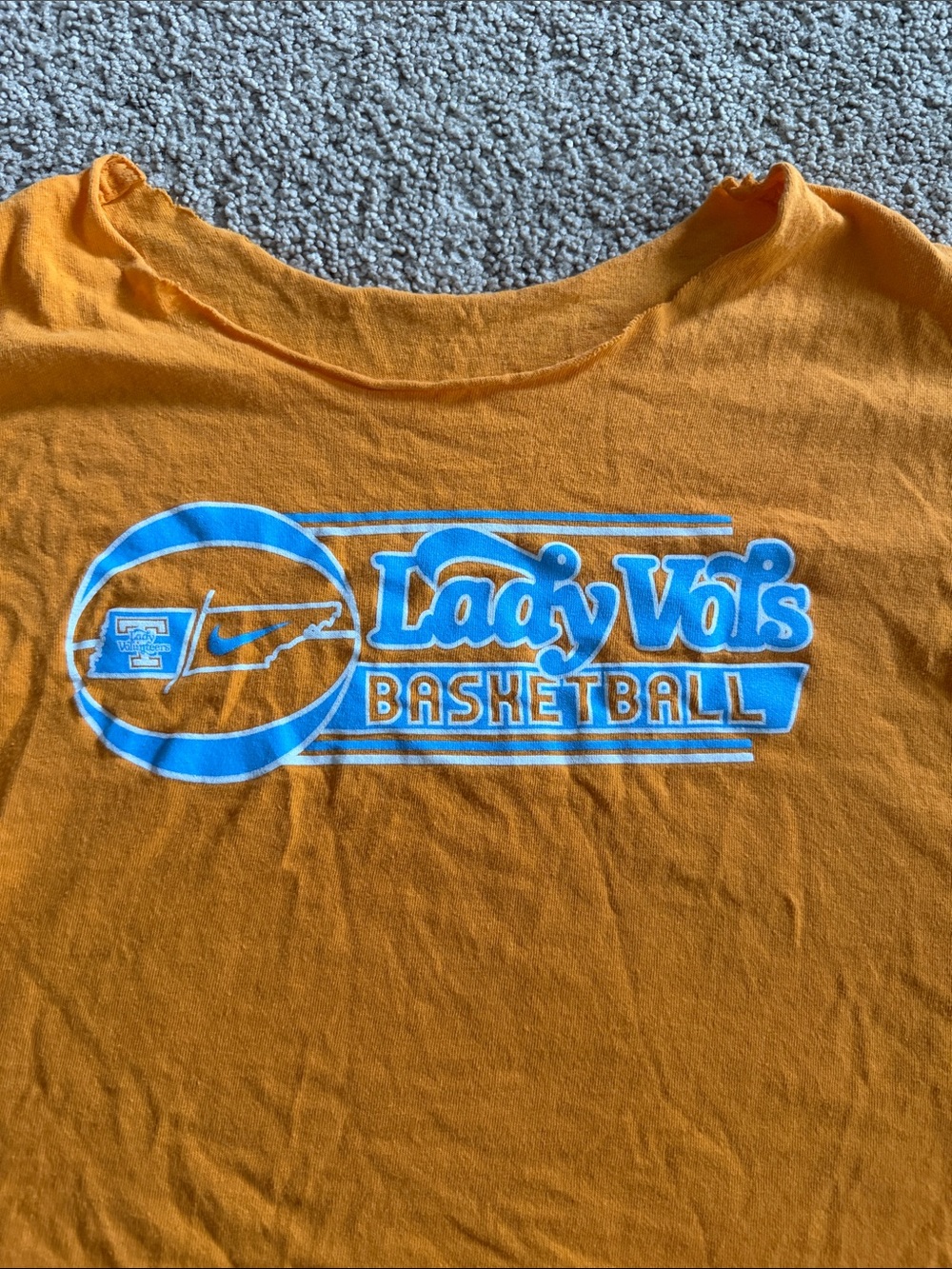Orange Short Sleeve Tee with Blue Lady Vols Basketball Graphic, self cut